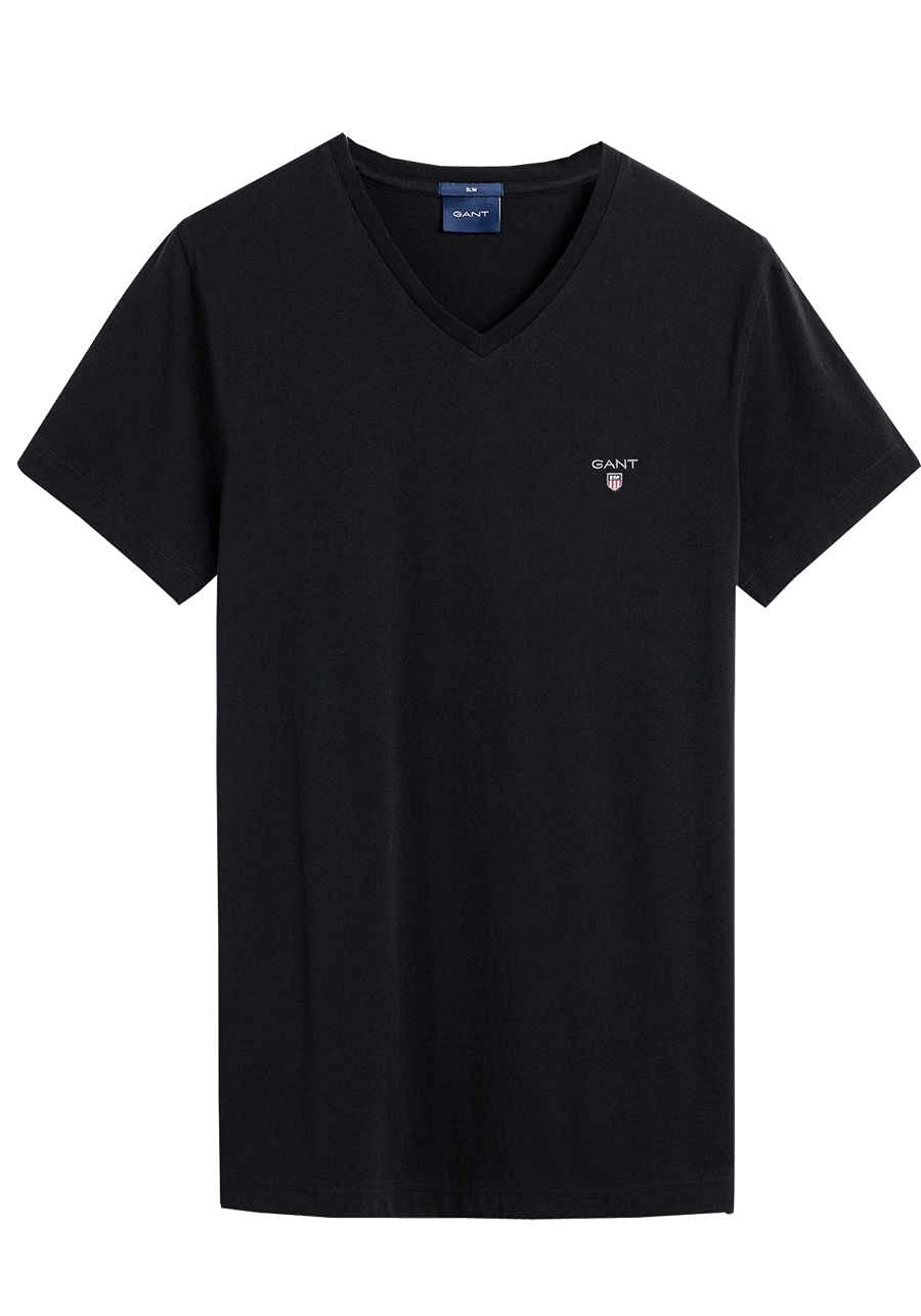 GANT Men's Slim Shield V-Neck T-Shirt, Black, XS