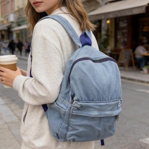 1 mochila jeans retrô lavada para lazer, viagem, passeio, bolsa de ombro com vários bolsos, mochilas escolares com zíper, 40 x 36 cm, Azul claro, 40*36cm, Tendência