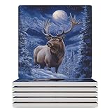 Juego de posavasos de cerámica con diseño de alces en la luna con respaldo de corcho para bebidas, cuadrados, resistentes al calor, protección de mesa para té, café