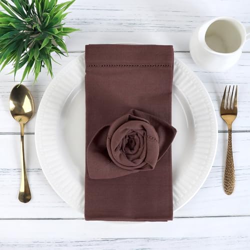 Image of FINGERCRAFT Hemstitched Cotton Table Napkins - Set of 12, 20x20 Inch, 100% Cotton Cloth Napkins with Faggoting Stitching - Durable & Elegant for Parties, Hotels, Everyday Use (Chocolate Slub)