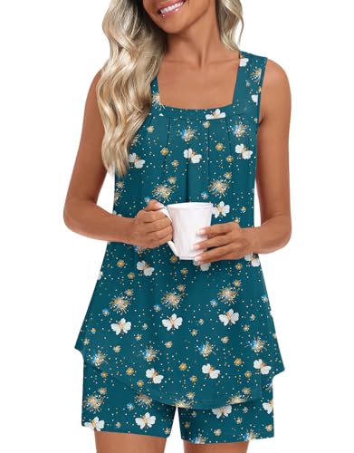 Image of LONGYUAN Womens Sleeveless Pajama Set Soft Summer Lounge Shorts Tank Top Sleepwear with Pockets 2 Piece Set M-3XL
