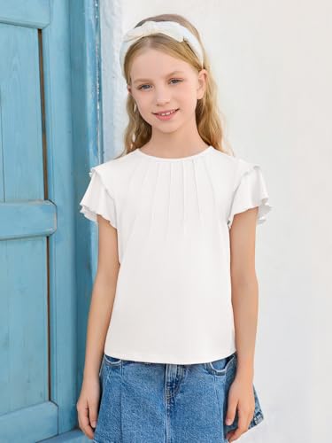 Image of Haloumoning Girls Pleated Ruffle Short Sleeve Shirts Kids Summer Crewneck T-Shirts Fashion Tops Tees 5-14 Years