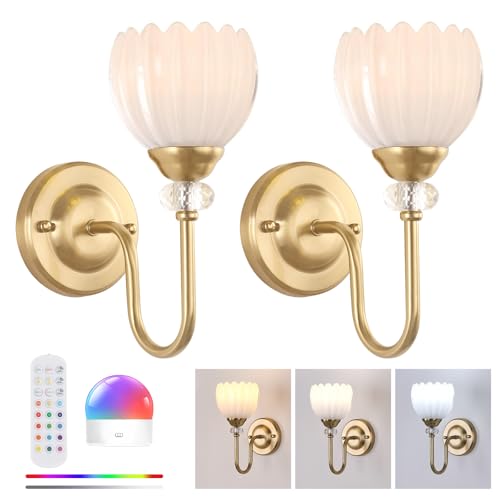 Image of Set of 2 Vintage Battery Operated Wall Sconce, Rechargeable Wall Lamp with 5000mAh Battery & Remote Control, Dimmable Wall Lights with tulip shade for Bedroom Bathroom Living Room, (Tulip White Up)