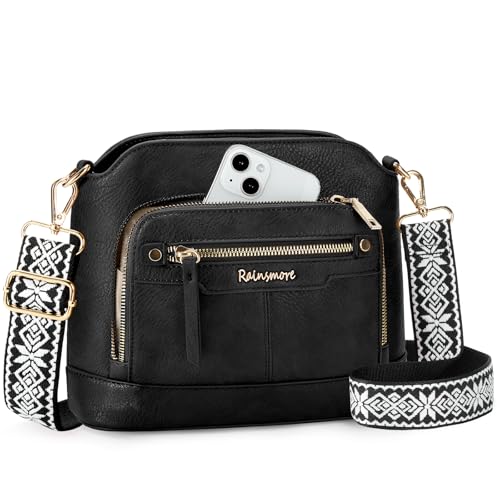 RAINSMORE Small Crossbody Bags for Women Leather Waterproof Crossbody Purses for Women With Compartments Adjustable Wide Strap Shoulder Bag Handbags Travel Purse Gift for Mother Mom Wife