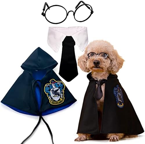 Cat Costumes Halloween 3 Piece Set with Glasses and Neckties, Cat Dog Cosplay Costume Set, Perfect for Party and Gifts for Cat Dog (Blue, Large)