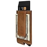 Dinghao RFID Blocking Slim Money Clip Aluminum Wallet Automatic Pop-up Card Case (Texas Brown)
