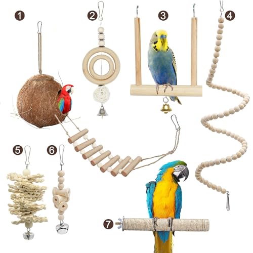 ✽[MATERIALI NATURALI] : I nostri giocattoli sono realizzati in legno naturale al 100%, corda di sisal e catena lucida senza pigmenti. Sono sicuri, ecologici e durevoli. Adatto per uccelli di piccole e medie dimensioni come pappagalli, ara, parrocchetti, cacatua, canarini, inseparabili, fringuelli e canarini.
