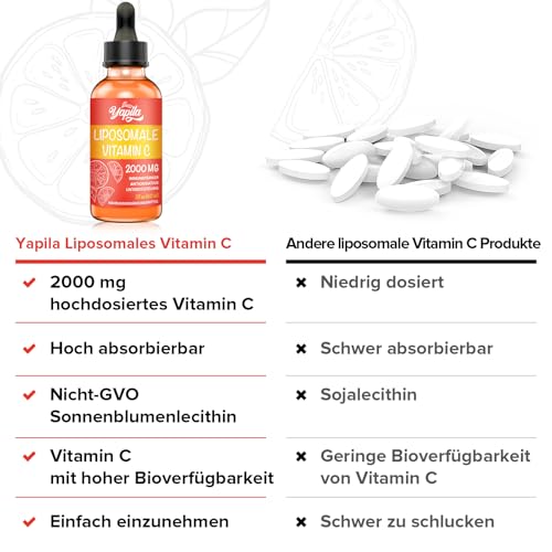 Liposomales Vitamin C 2000 mg Flüssiges Ergänzungsmittel, Maximale Absorption, Hochwirksames veganes Vit C, Ascorbinsäure, Nicht-GMO, Glutenfrei, Sojafrei