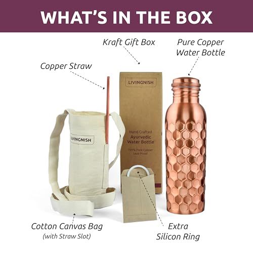 Image of 100% Pure Copper Water Bottle for Drinking 34 Oz-Honeycomb | Wide Mouth, Extra Large Ayurvedic Copper Water Bottle with Straw - Handcrafted Leak-Proof Vessel, Reusable & BPA-Free