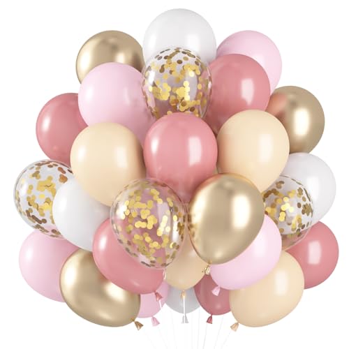 Luftballons Rosa Beige Gold, 60 Stück Luftballons Geburtstag Altrosa, Dusty Pink Beige Gold Helium Ballons, Retro Rosa Aprikose Konfetti Latex Ballons für Mädchen Geburtstag Hochzeit Babyparty Deko