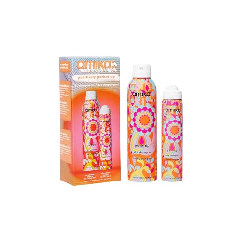 amika positively perked up dry shampoo spray duo - includes perk up talc-free dry shampoo travel size + full size - helps absorb oil, reduce odour + boost volume (2 pieces)