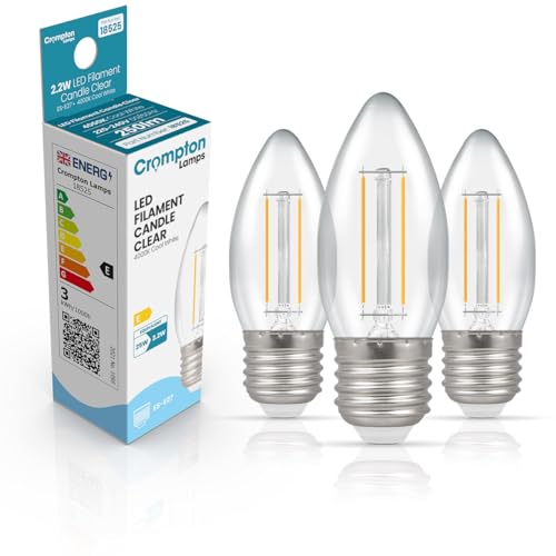 Crompton Lamps Filament Candle LED Light Bulb ES-E27 | 2.2W = 25W Equivalent | Cool White 4000K | Energy Efficient | Edison Screw Lightbulb | Long Life 15,000-Hrs | Clear Glass | 3-Pack