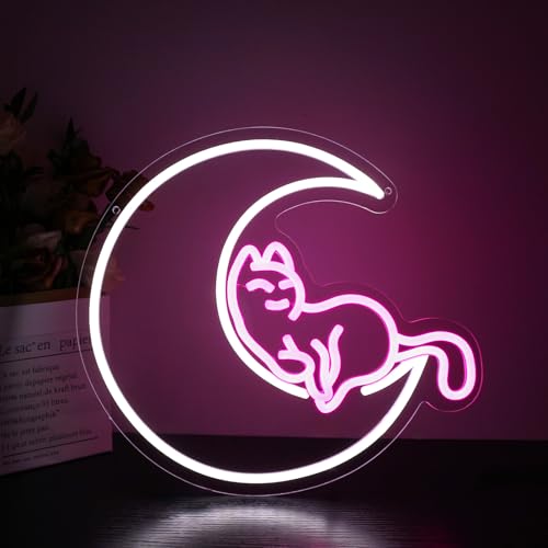 Image of Neon Sign, HSJNJKFU Moon Cat Neon Signs for Wall Decor White Pink LED Cat Signs for Man Cave Room Home Party Birthday Beer Signs - Neon Light USB Powered