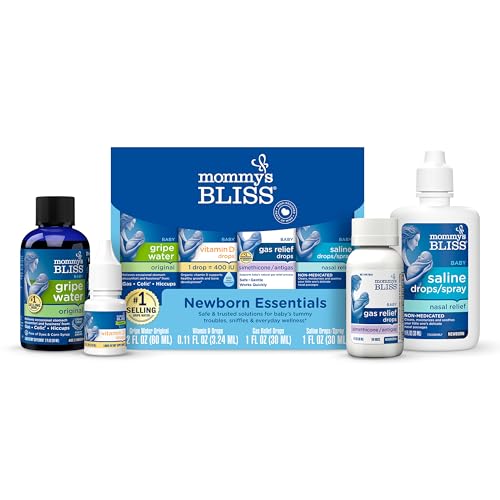 Mommy’s Bliss 4-Piece Newborn and Baby Essentials Kit – With Gripe Water, Gas Relief Drops, Vitamin D 400IU, and Saline Drops/Spray – The Perfect Baby Gift.