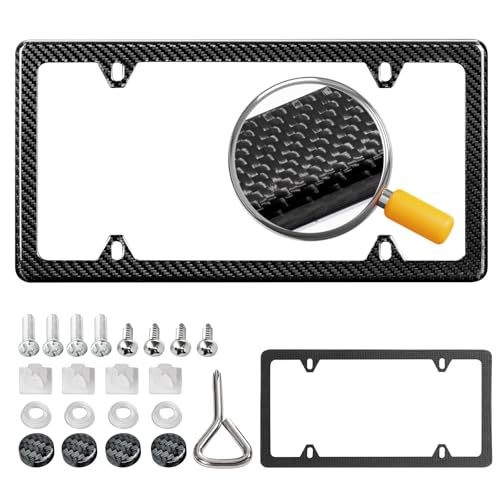 DCRCFIBER Real Carbon Fiber License Plate Frame, 100% Pure Carbon Fiber Frame, Black License Plate Holder Cover with Screw Caps, Anti-Vibration Pads (Twill 4 Hole) by DCRCFIBER - Used condition - US$30.19