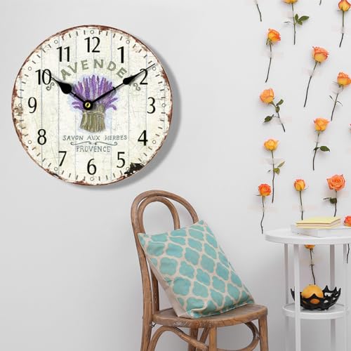 HQF Vintage Wall Clock,16" Farmhouse Wall Clocks French Lavender Style Rustic Country Clocks Silent Clock Upgraded Movement MDF Wooden for Living Room Bedroom Kitchen Decor