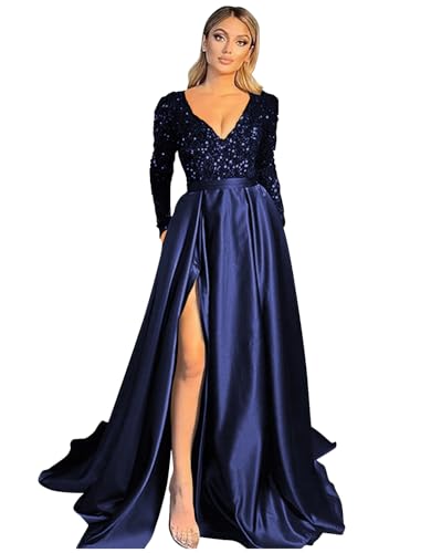 Miao Duo Women's Sparkly Sequin Prom Ball Gown with Pockets Long Sleeve Satin Formal Evening Dress with Slit YZTS055