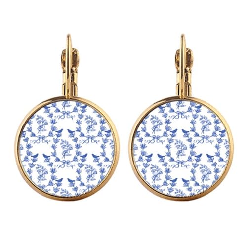 Boucles d'oreilles pendantes à clip or avec pendentif symbole géométrique bleu blanc pour femme