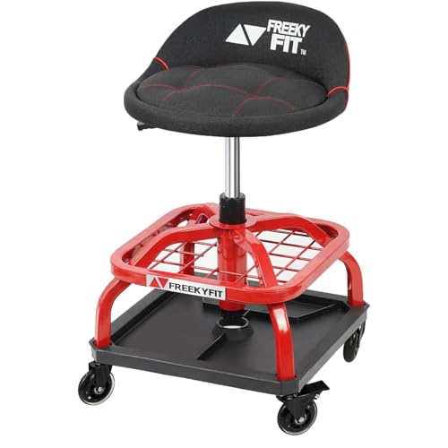 FreekyFit Rolling Shop Stool with Wheels, Garage Work Mechanic Stool with Backrest, Roller Mechanic Chair, Adjustable Height, 360° Swivel, Tool Tray Storage, 330 LBS Capacity, Heavy Duty, Red by FreekyFit - Used condition - US$89.62