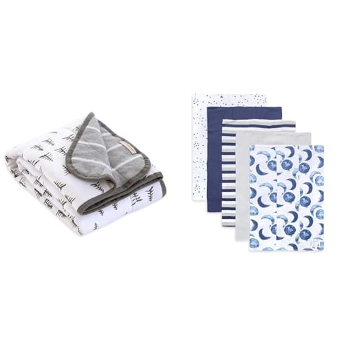 Image of Burt's Bees Baby - Reversible Blanket, Nursery, Stroller & Tummy-Time Organic Jersey Cotton & Burp Cloths, 5-Pack Extra Absorbent 100% Organic Cotton Burp Cloths (Hello Moon!)