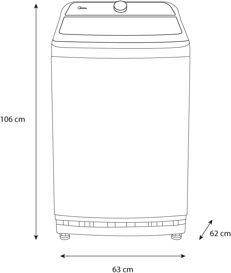 Diagram illustrating the dimensions of the Midea 18Kg Top Load Washing Machine