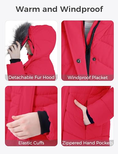 Image of wantdo Girls Winter Coats Long Puffer Jackets Fleece Lined Removable Hood | Detachable Faux Fur, 5000mm Waterproof, Zippered Pockets, Machine Washable