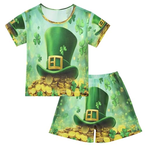 ALAZA Hat Gold Coin Patrick's Day Clover Leaf Pajamas Set Short Sleeve Cotton Sleepwear Summer Pjs 2 Piece 5-14Y