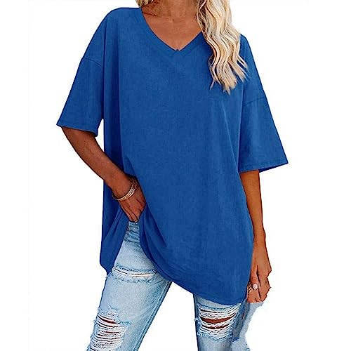 T-shirt col en v pour femme haut ample en coton manches courtes
