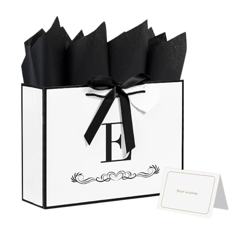 Ssyuysto Initial Gift Bag with Bow Ribbon 13" Large Premium Black and White Personalized Monogrammed Paper Bag with Cards Tissue Paper Elegant Memorial Day Anniversary Present Happy Birthday Present for Women Men (E)