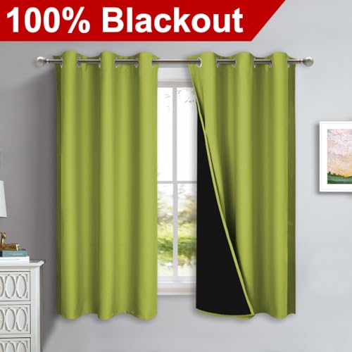 Image of NICETOWN 100% Blackout Short Curtains with Black Liners, 2 Panels, 37 inch W by 50 inch L, Fresh Green, Solid Thermal Insulated Full Blackout 2-Layer Lined Drapes, Energy Efficiency Window Drapes for Bedroom