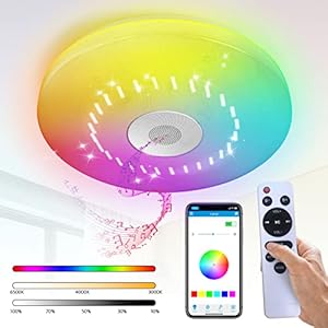 Plafonnier LED 58W dimmable avec haut-parleur Bluetooth, télécommande et contrôle par application, changement de couleur RVB translucide blanc chaud/blanc froid, IP44 pour chambres, salons Ø 33cm
