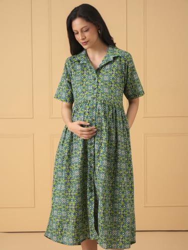 Image of The Mom Store Maternity and Nursing Dress | Pre and Post Pregnancy Dress for Womens | Zipper /Button Opening | Causal Wear | Trendy Stylish Causal Dresses for New Moms