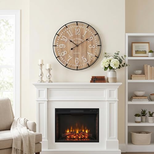 Image of EMAX HOME 24 Inch Large Farmhouse Wall Clock - Rustic Antique Wood, Silent Battery Operated Clock for Office Kitchen Bedroom Living Room
