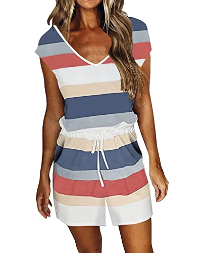 Saukole Women's Summer 2023 Trendy Cap Sleeve Striped Jumpsuit Rompers Loose Casual Drawstring Waist Short Pant Playsuit #TOP12