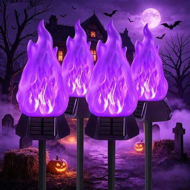 Toodour Solar Halloween Lights Outdoor, 4 Pack Solar Torch Light Waterproof | With Flickering Flame, LED Flame Torches, Solar Outdoor Lights Purple for Camping Garden Landscape Yard Halloween Decor