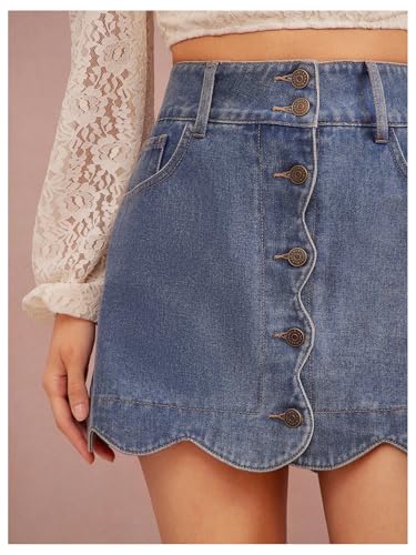 WDIRARA Women's High Waisted Button Front Scalloped Denim Skirt Aline Mini Jean Skirts2