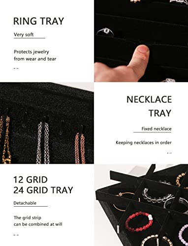 Image of Coward Set of 5 Stackable Jewelry Organizer Tray Necklace Earring Box Storage Ring Bracelet Display Holder (Black(ring+necklace+earring+12grid))