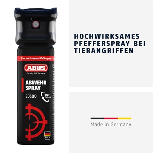 ABUS Abwehrspray SDS80 zur Tierabwehr + Trainingsspray – Pfefferspray zur Selbstverteidigung bei Tierangriffen – mit Jet-Sprühstrahl für bis zu 5 Meter Reichweite – funktioniert auch kopfüber