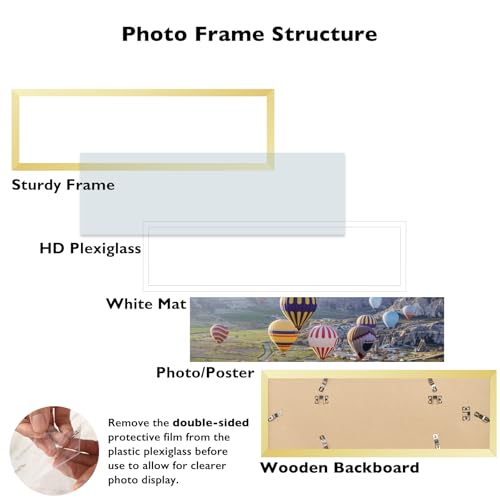 Image of JCJMY 8x24 Picture Frame with 6x22 Mat, Panoramic Picture Frame Display Photo 6x22 with Mat or 8 x 24 Without Mat, Wall Hanging Large 8 by 24 Poster Frame with Plexiglass, Gold