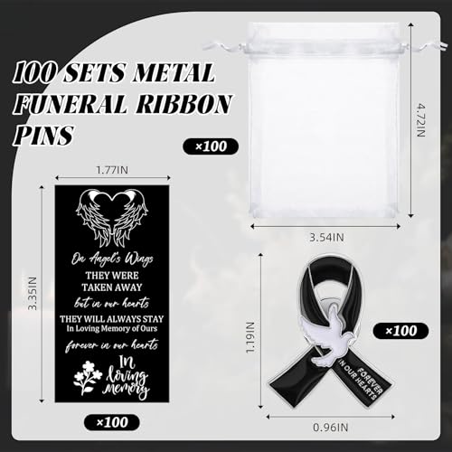 Quelay 100 Sets Black Funeral Ribbon Pins Funeral Favors Ribbon Pins Prayer Cards and Organza Bags Awareness Lapel Forever in Our Hearts Memorial Brooch for Mourning Remembrance Day3