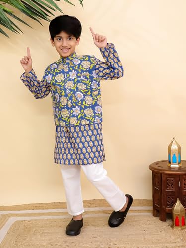 Image of The Mom Store Boys Printed Cotton Kurta Pajama Set With Jacket | Soft And Comfortable Ethnic Wear For Baby /Kids Boys | Full Sleeves Kurta Pyjama Set | Traditional Indian Outfit
