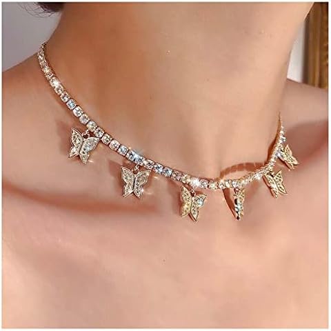 Allereya Crystal Butterfly Dangle Necklace Gold Tennis Chain Necklace Rhinestones Butterfly Necklaces Choker CZ Butterfly Necklaces Jewelry for Women and Girls (Gold) Cover