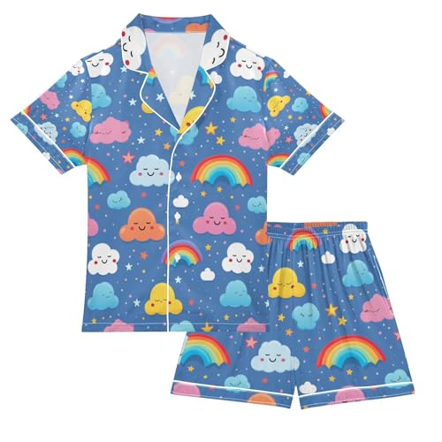 Cloud Rainbow Star Satin Summer Pajama Sets Silk Short Sleeve Button Down Sleepwear