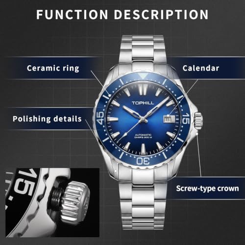 Image of TOPHILL Men Watches Automatic Mechanical Watches - Dive, GMT, Chronograph & Dress Styles | 316L Stainless Steel, Sapphire Crystal, Ceramic Bezel | 5ATM-300M Waterproof with Super Luminous | Classic Business & Sport Casual