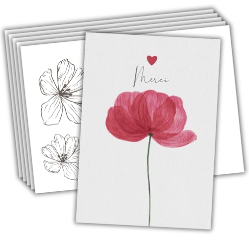 roxisha - 10 Stück Danksagungskarten + bedruckte Umschläge | Mohnblume | Postkarte 10,4 x 14,8 cm | Dankeskarten Hochzeit Geburt Geburtstag Taufe Party Kommunion Ruhestand