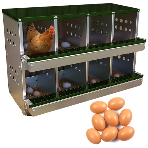 Chicken Nesting Box for Laying Eggs, 8 Compartment Galvanized Steel Laying Boxes for Hens with Front Access Tray, Easy Wall Mount, Includes 8 Training