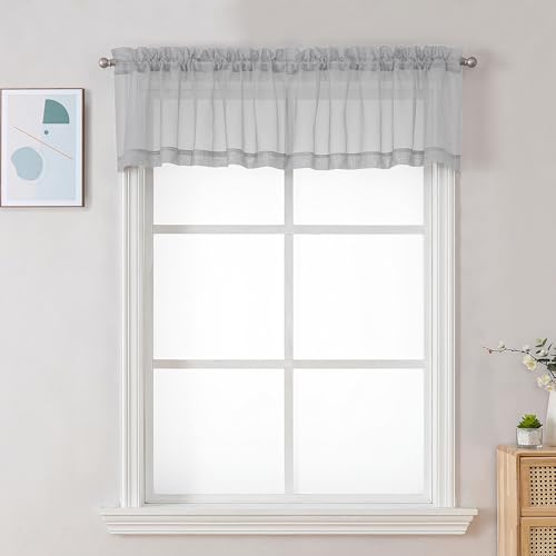 Image of Chyhomenyc Sheer Valances for Windows 2 Pack, Small Window Curtains for Living Room Bathroom Cafe Laundry Basement, Modern Top Dual Rod Pocket Voile Curtain, 42W x 18L inches, Light Grey