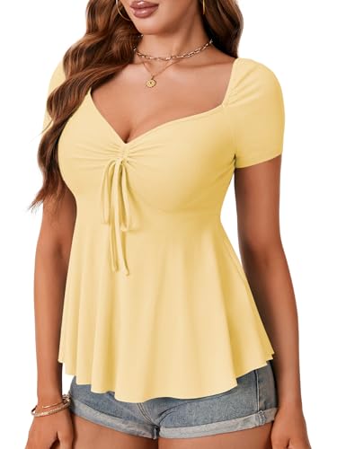 Image of Rooscier Women's Ribbed Knit Sweetheart Neck Tops Cute Drawstring Ruffle Short Sleeve T Shirts