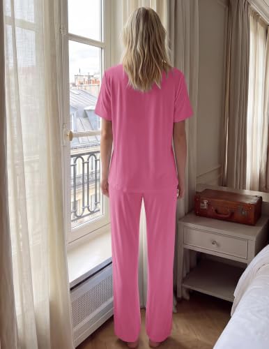 Image of HNG Women Pajamas Set 2 Piece Button Up Pajamas Pant and Short Sleeve Shirt for Woman Pj Sets with Pocket