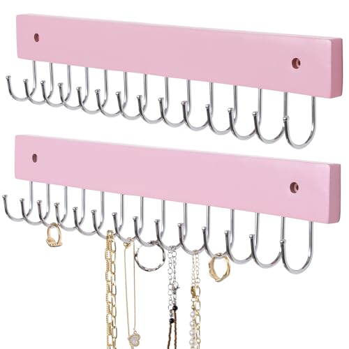 SCUNDA Wall Mounted Necklace Holder, Morden Style Necklace Holder, Tangle Free Wall Jewelry Organizer with 28 Hooks(2 Packs,Pink)